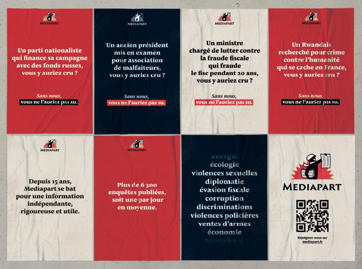 Mediapart's tweet photo. Afin de mettre en lumière l’utilité et l’impact de notre journalisme, et faire connaître la richesse de Mediapart à un public plus large, nous avons souhaité partir en campagne. Mais ce n’est pas si simple lorsque l’on veut afficher plus qu’un slogan. https://t.co/rnQB6ClnKp https://t.co/S0Ienet7PM