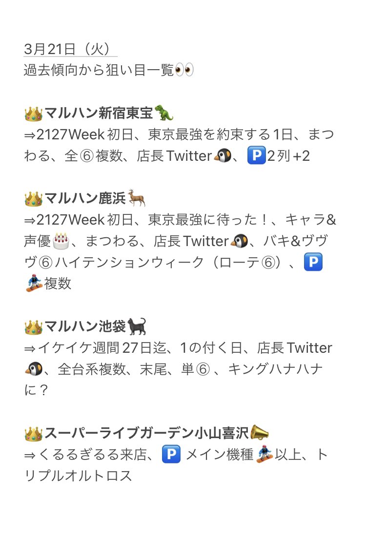 3月21日(火)
明日行くならココが1番🎉
✅マルハン鹿浜🦌
🗝攻略の鍵
🔥2127Week初日×3階抽選
🔥店長Twitter🐧
🔥ハイテンションウィーク
⇒バキヴヴヴ⑥ローテーション
🌈店長メラメラ告知⁉︎
🌈キャラ&誕生🎂は⁉︎
🅿️ 🏂複数⁉︎
#マルハン鹿浜