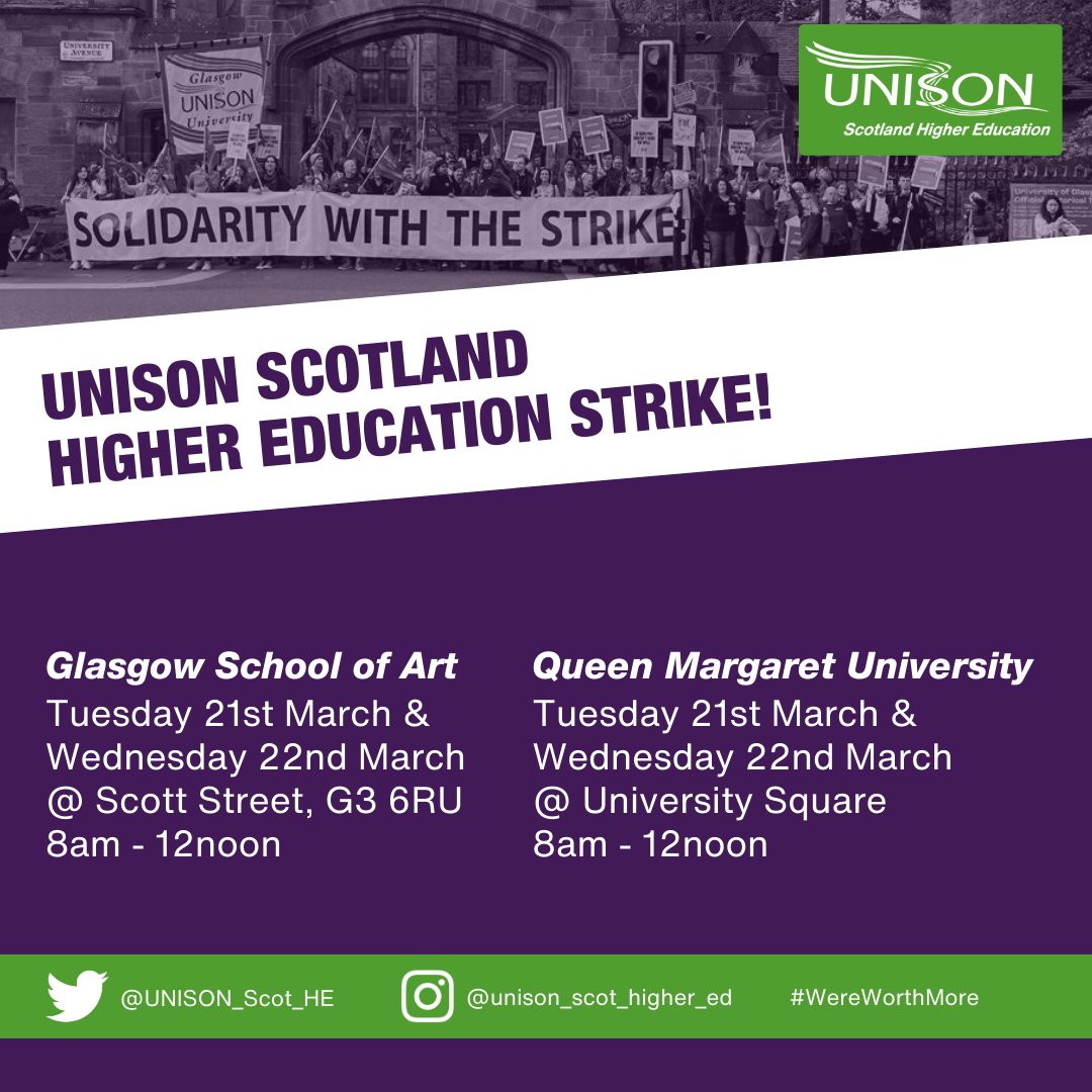 📣Tomorrow UNISON members <a href="/GsaUnison/">UNISON Glasgow School of Art</a> and <a href="/UnisonQmu/">UnisonQMU</a> are back out on strike for fair pay.

✊ Get down and support the picket lines from 8am!