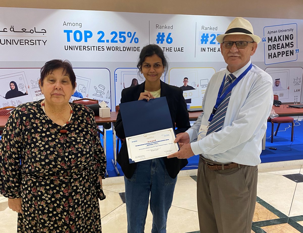 HydUniv's tweet photo. Ms. #DeepaGupta, PhD scholar of Dr Sachin Bhalekar School of Mathematics & Statistics @HydUniv awarded best paper “Grunwald-Letnikov Award” in theory category fr presentation at International Conference on Fractional Differentiation & its Applications, @AjmanUniversity #UAE https://t.co/AdxICVrwr1