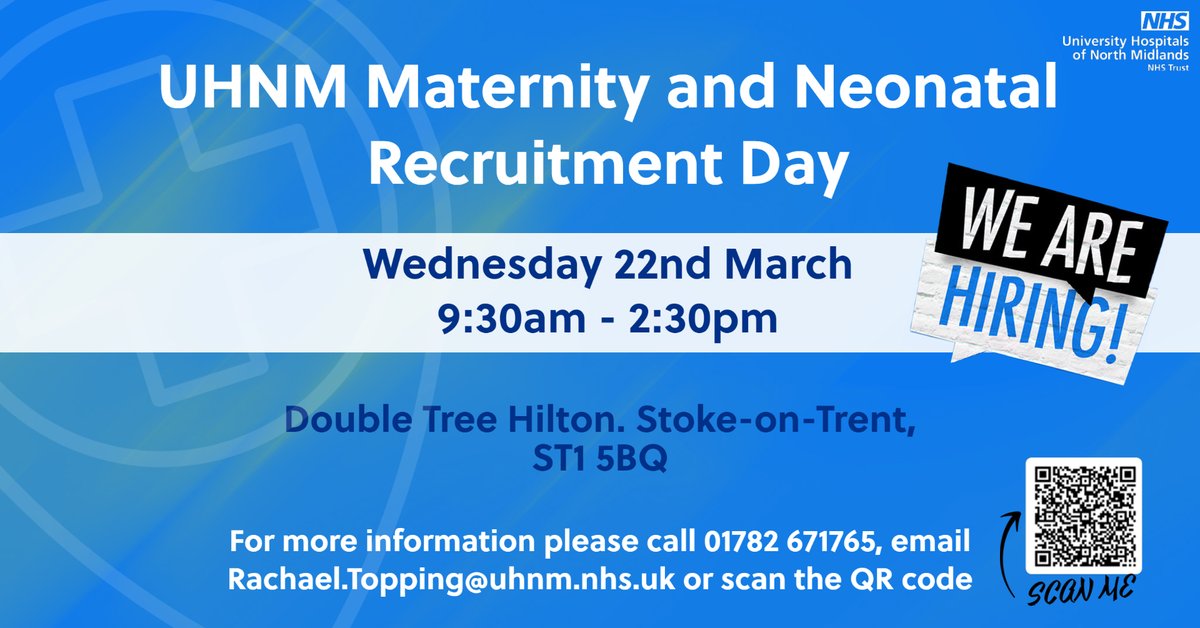 Are you a midwife? Would you like to come and work at UHNM?

Join us as our Maternity and Neonatal recruitment event this Wednesday.

Don't forget to scan the QR code to confirm your place👇

For more information please get in touch with: Rachael.Topping@uhnm.nhs.uk