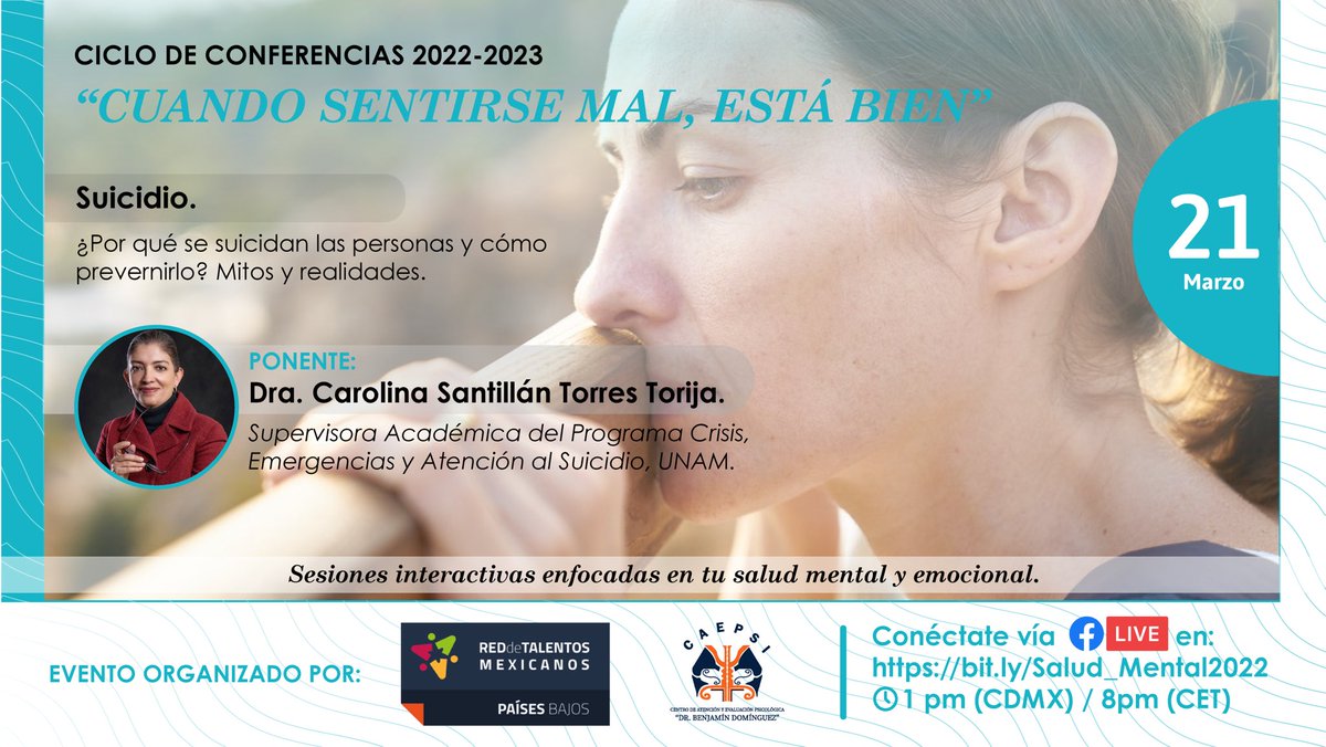 📣¡No te la pierdas mañana! 📣Suicidio. ¿Por qué se suicidan las personas y cómo prevenirlo? Mitos y realidades. Conferencia impartida por la Dra. Carolina Santillán Torres Torija

Sintonízate via Facebook via la liga: bit.ly/Salud_Mental20… #TuSaludMentalImporta