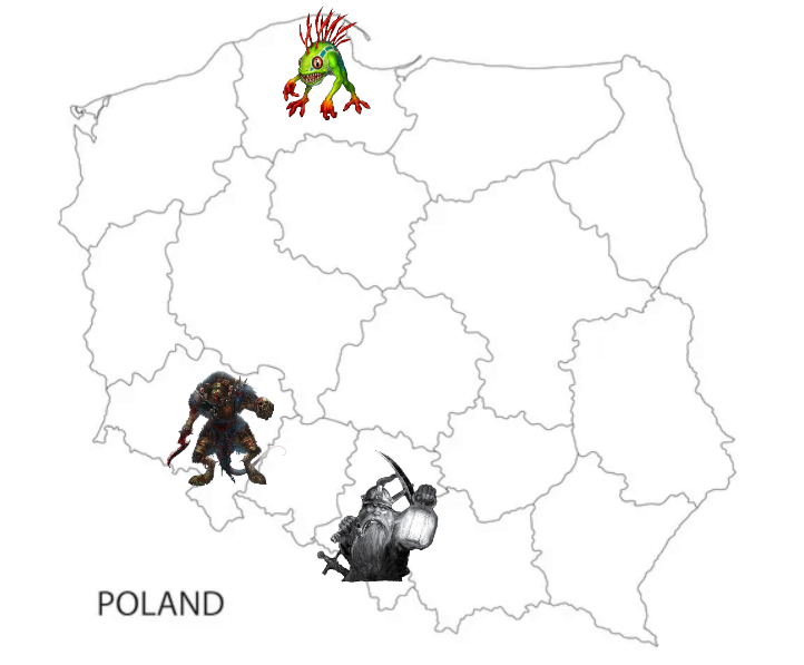 SledziuStream's tweet photo. No to ruszamy z mapą Polski w wersji fantasy! Będziemy dodawać tu mieszkańców regionów/miast wedle skojarzeń, na ten moment mamy:

Kaszubi - Murloki 
Wrocławianie - Skaveni
Ślązacy - Krasnoludy

Czekam na wasze propozycje! https://t.co/lOogIipKkm