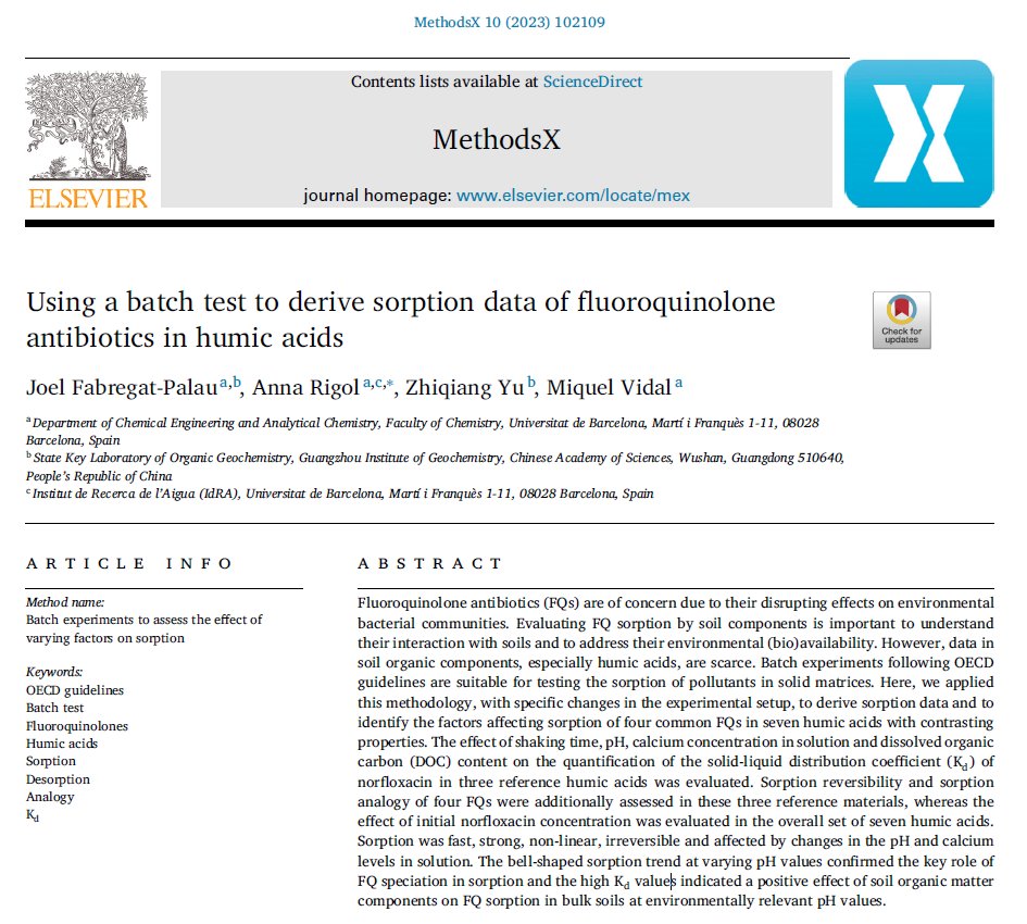FabregatJoel's tweet photo. Very happy to see that our methodology to derive sorption data for fluoroquinolone antibiotics in humic acids is now published #openaccess in #MethodsX. Grateful to all the co-authors both from @UniBarcelona Dr. @AnnaRigol4 and Dr. Miquel Vidal, and from GIG-CAS Dr. Zhiqiang Yu https://t.co/0a2Qc6cpQX