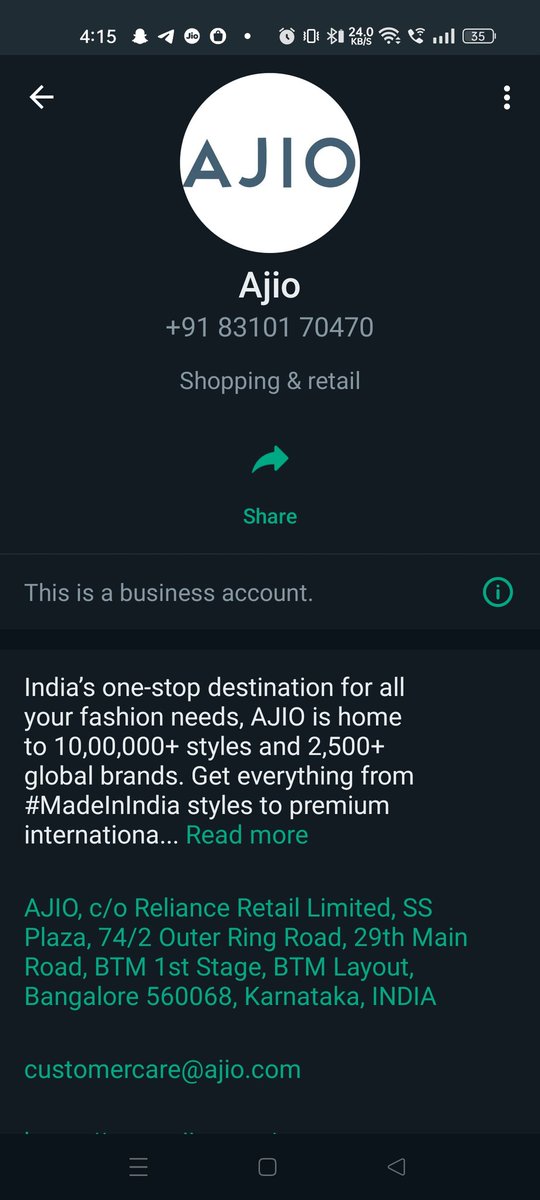 shivky83's tweet photo. @AJIOLife please check this, I got WhatsApp message, it seems like a fraudulent to us. https://t.co/NxXYwRdgQn