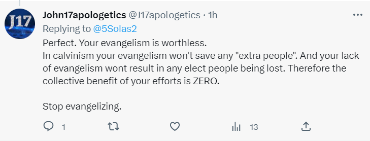 weecalvin1509's tweet photo. No evangelism is worthless because it is the blessed means which God has ordained to gather in His elect. FTR: Since God knows for certain who will be saved and who wont, then the number is definite and can neither be increased or diminished. Not a Calvinism issue. #BasicTheism https://t.co/ATo9aGh8P8