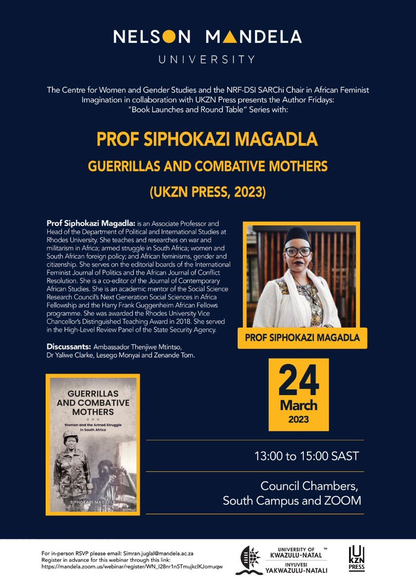 CWGS_MandelaUni's tweet photo. The Centre for Women and Gender Studies &amp; the NRF-DSI SARChi Chair in African Feminist Imagination in collaboration with UKZN Press invites you to our Author Fridays: Book Launches and Round Table Series with Prof Siphokazi Magadla, this Friday on South Campus or ZOOM. https://t.co/2ioLG5zUbp
