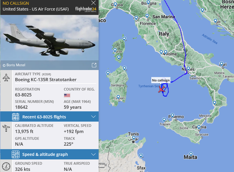 SirListenalot's tweet photo. #KC135 #AE014C as #COUNT95 out of Spangdahlem active over the Tyrrhenian Sea. KC135 #AE04EB as #COUNT93 seems to be heading there as well https://t.co/DYsr5USHht
