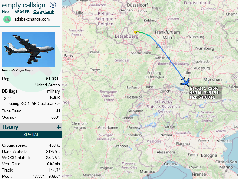 SirListenalot's tweet photo. #KC135 #AE014C as #COUNT95 out of Spangdahlem active over the Tyrrhenian Sea. KC135 #AE04EB as #COUNT93 seems to be heading there as well https://t.co/DYsr5USHht