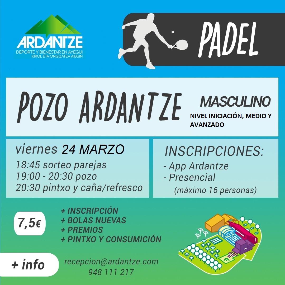 ste viernes 24 de marzo tenemos pozo masculino de padel en Arantze. hemos abierto las inscripciones a nivel iniciación para que no te quedes sin jugar. da igual el nivel que tengas, apúntate en la App Resasport!