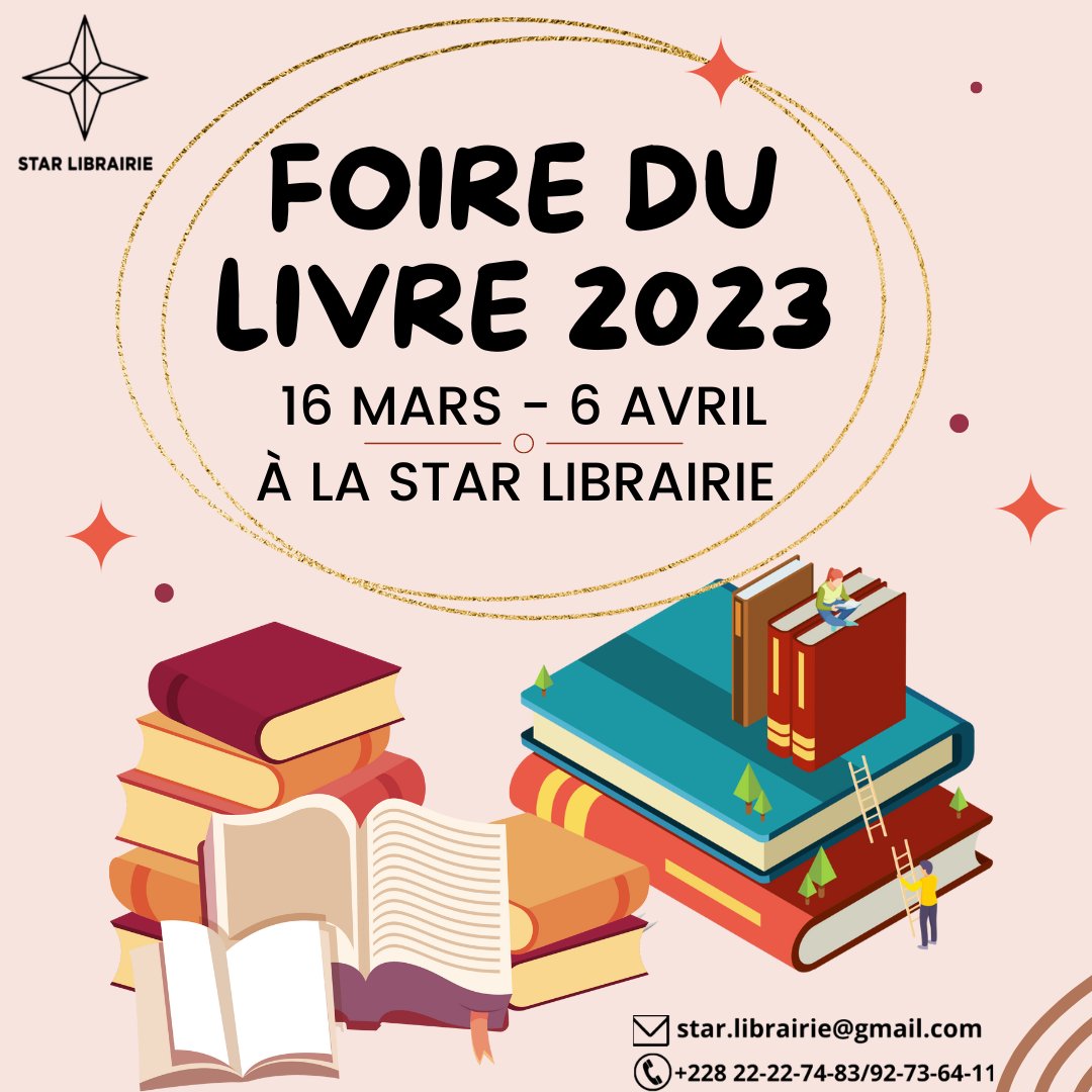 Plus de 16000 livres d'occasion (Jeunesses-parascolaires-informatique-droit-gestion-economie-sciences-medecines-litterature classique-cuisines-sciences humaine-romans-poches-religion...) 
📞 +228 92736411/+228 22227483
📧 star.librairie@gmail.com
#tgtwittos #starlibrairie