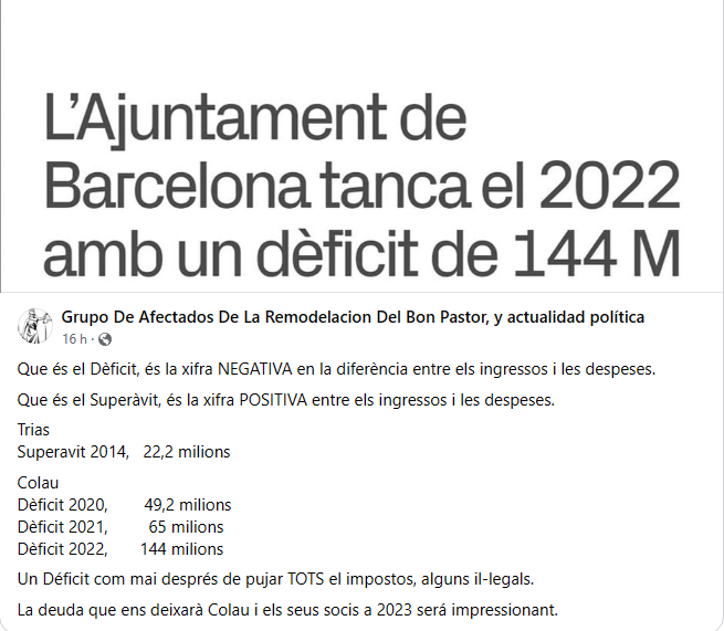 OnVasBarcelona's tweet photo. Colau deixarà una Barcelona destrossADA i enfonsADA econòmicament amb un deute estratosfèric, del superàvit de 22,2 milions de Trias a un deute de 144 milions al 2022 i la que ens espera al 2023 https://t.co/4M9EmwC4Vk