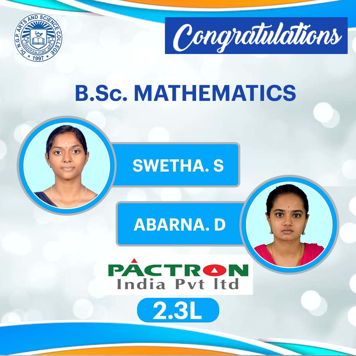 DrNGPASC_KMCRET's tweet photo. Dr. N. G. P. Arts and Science College wishes our Mathematics Students, Swetha S, Abarna D, for getting placed in PACTRON India https://t.co/THzgPFjjMj.
Wishing them the best in all their future endeavours.
#NGP #NGPASC #NGPArtsandScience #interview #placement2023 https://t.co/pJMa3bpokX