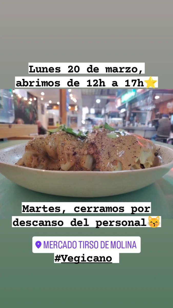 Hoy lunes festivo, abrimos de 12h a 17h. Mañana martes aprovecharemos para descansar ☺️

Feliz día 

#Vegicano #mercadotirsodemolina #mercadosdemadrid #vegetarianodiferente