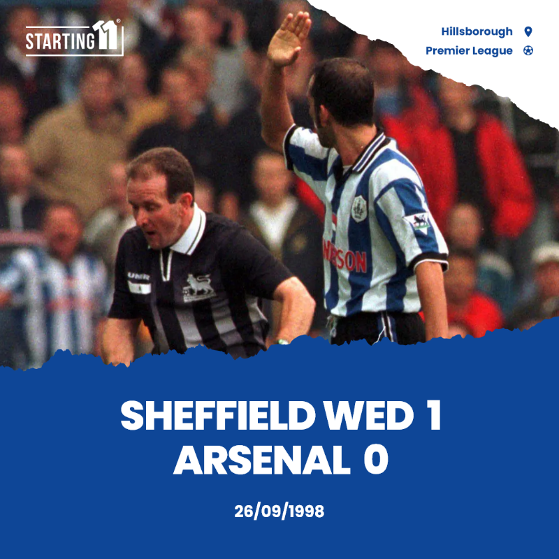 Starting11Game's tweet photo. After a weekend of argy-bargy we head over to Hillsborough for a memorable fixture from the 90's 📼

How quickly can you name the @swfc starting 11 that beat Arsenal (&amp; the referee) in their fiery encounter in 1998 🔥

Cracked it? Tell us your time! ⏱️

#mitrovic #swfc #wednesday