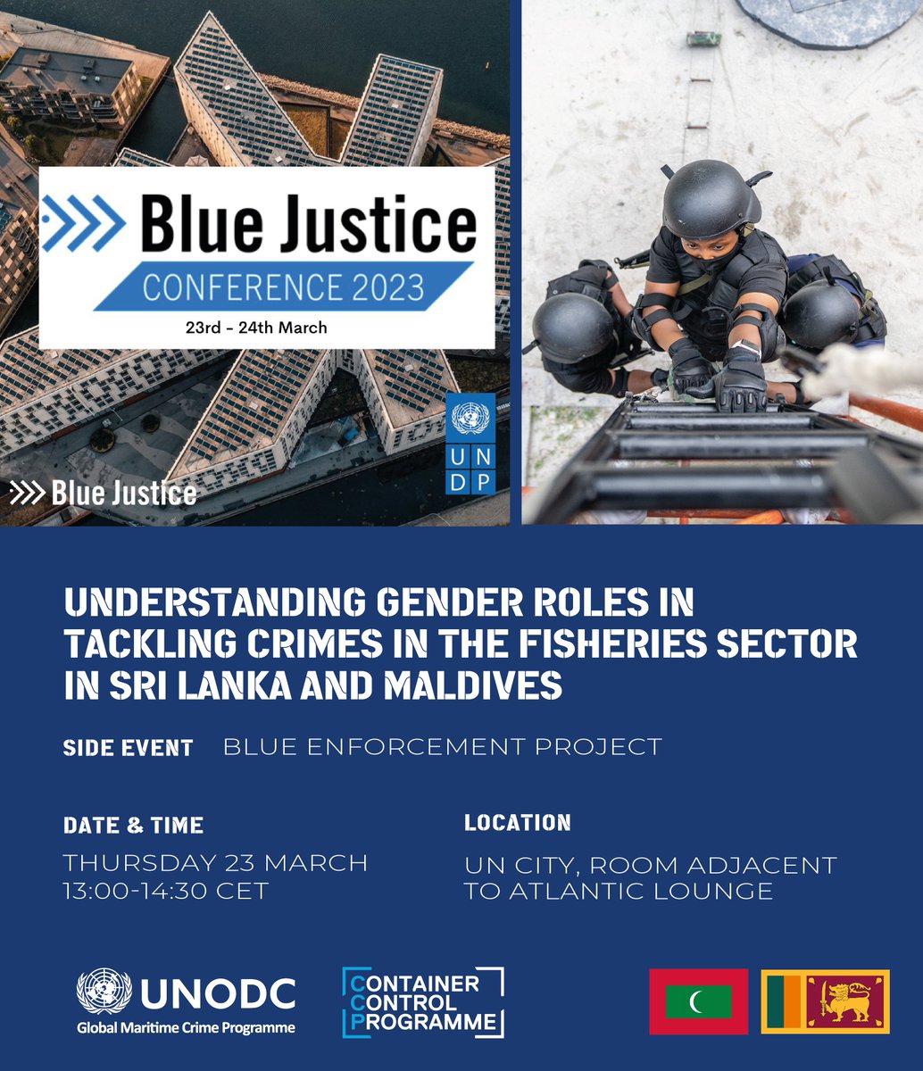 CCP and @UNODC_MCP are excited to announce a side event on the #BlueEnforcement Project and the role of #gender in tackling #crimesinfisheries in Maldives 🇲🇻 and Sri Lanka 🇱🇰

Join us at the @_BlueJustice conference in Copenhagen 23/03 @ 13:00-14:30 CET