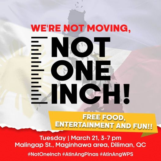 catcolony10's tweet photo. Filipinos, let's go! Let's hold BBM to his word of not giving up even an inch of our territory to China!
Let's show him we mean it, and that he should too! Not one inch!
Tuesday, March 21, 3-7 p.m., Malingap St, QC.
#NotOneInch https://t.co/meRTwFc9Fv