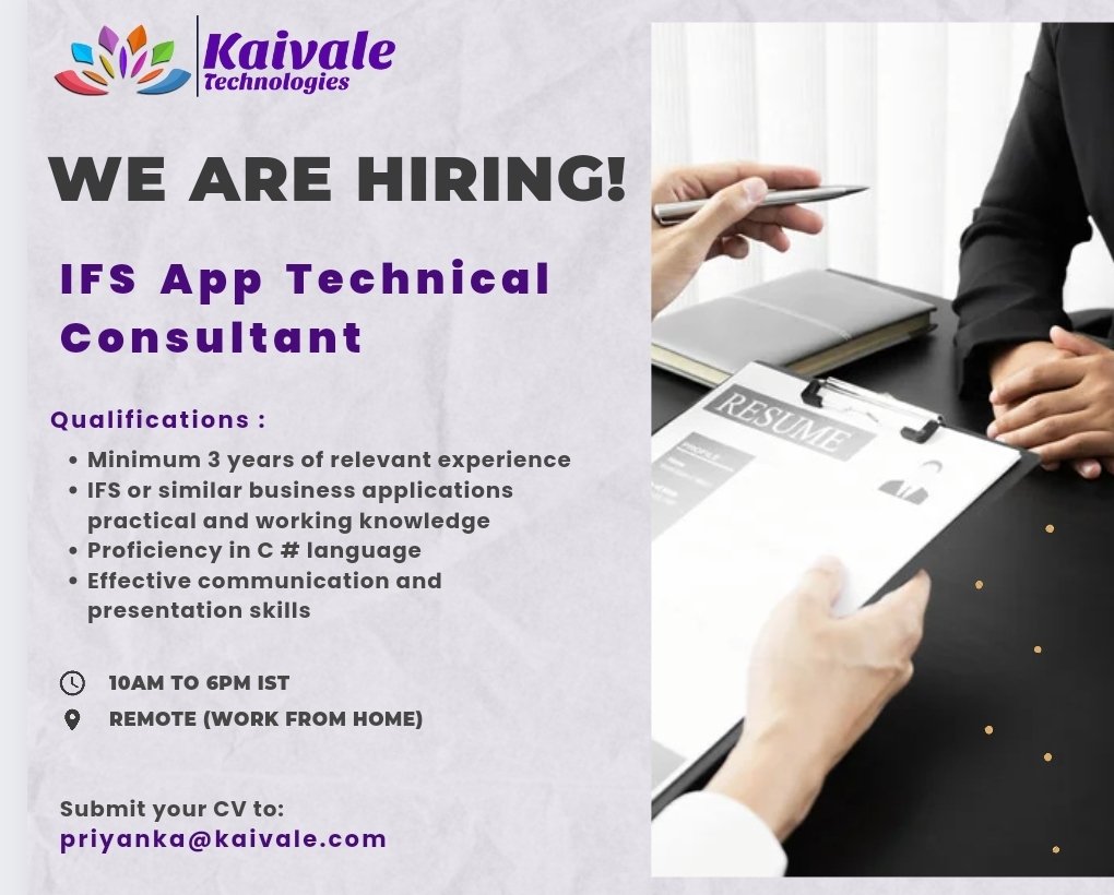 Hiring alert!
IFS App Technical Consultant required with relevant experience and mentioned qualifications.
Contact us if eligible and interested.
#jobrequirement #hiringalert #urgenthiring #jobopenings #hiringdeveloper #appdeveloperjob #softwaredeveloper #kaivale #ifs