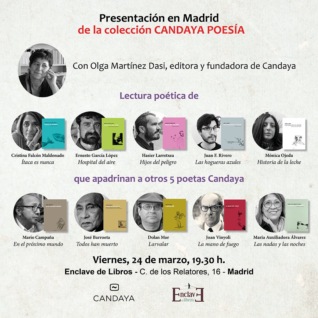 Amigas que estáis en Madrid, este eventazo es el próximo viernes en @enclavedlibros.

Si queréis conocer a lxs poetas de Candaya, allí estaremos leyendo poemas y hablando de esta maravillosa colección. 🌱✨