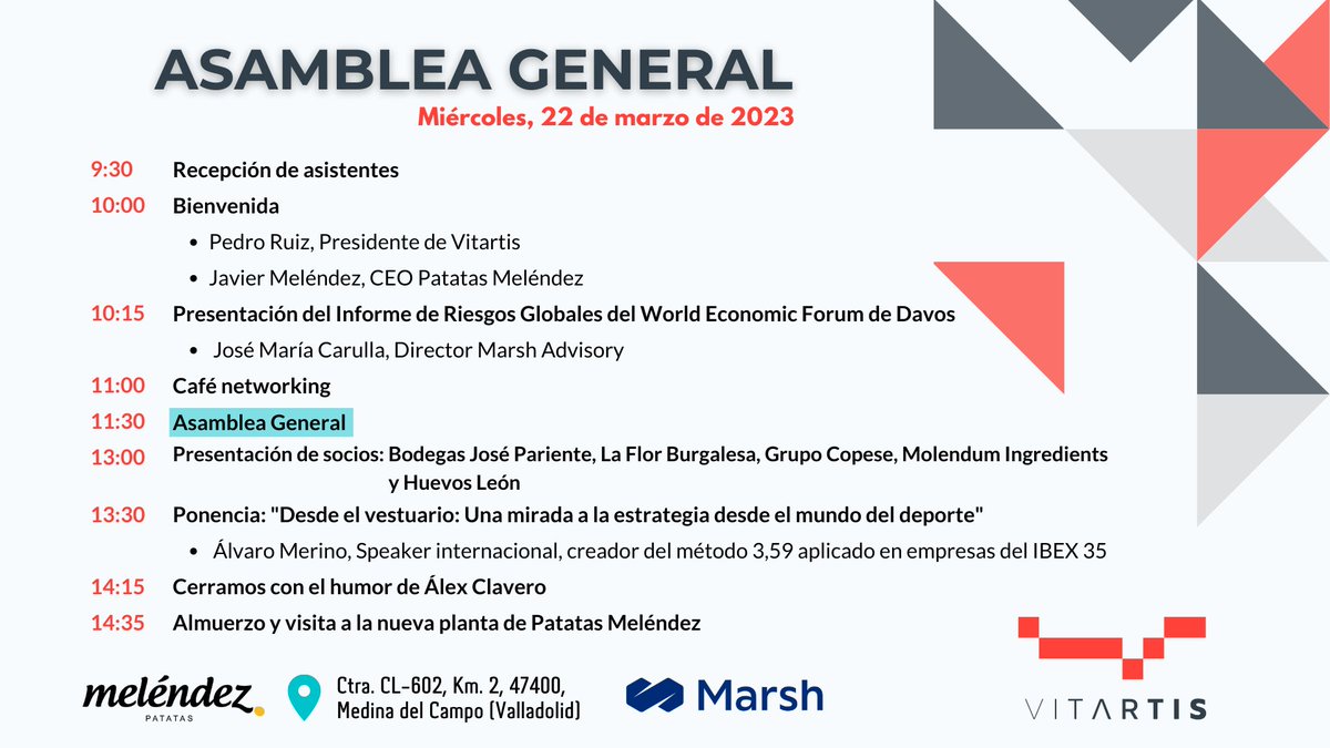 Sólo quedan 2⃣ días para celebrar la #AsambleaVitartis2023. Os esperamos a todos desde las 9:30 h en 🚩 <a href="/MelendezPatatas/">Patatas Meléndez</a> 

‼️ Si aún no te has inscrito puedes hacerlo en ↘️ vitartis.es/eventos/asambl…