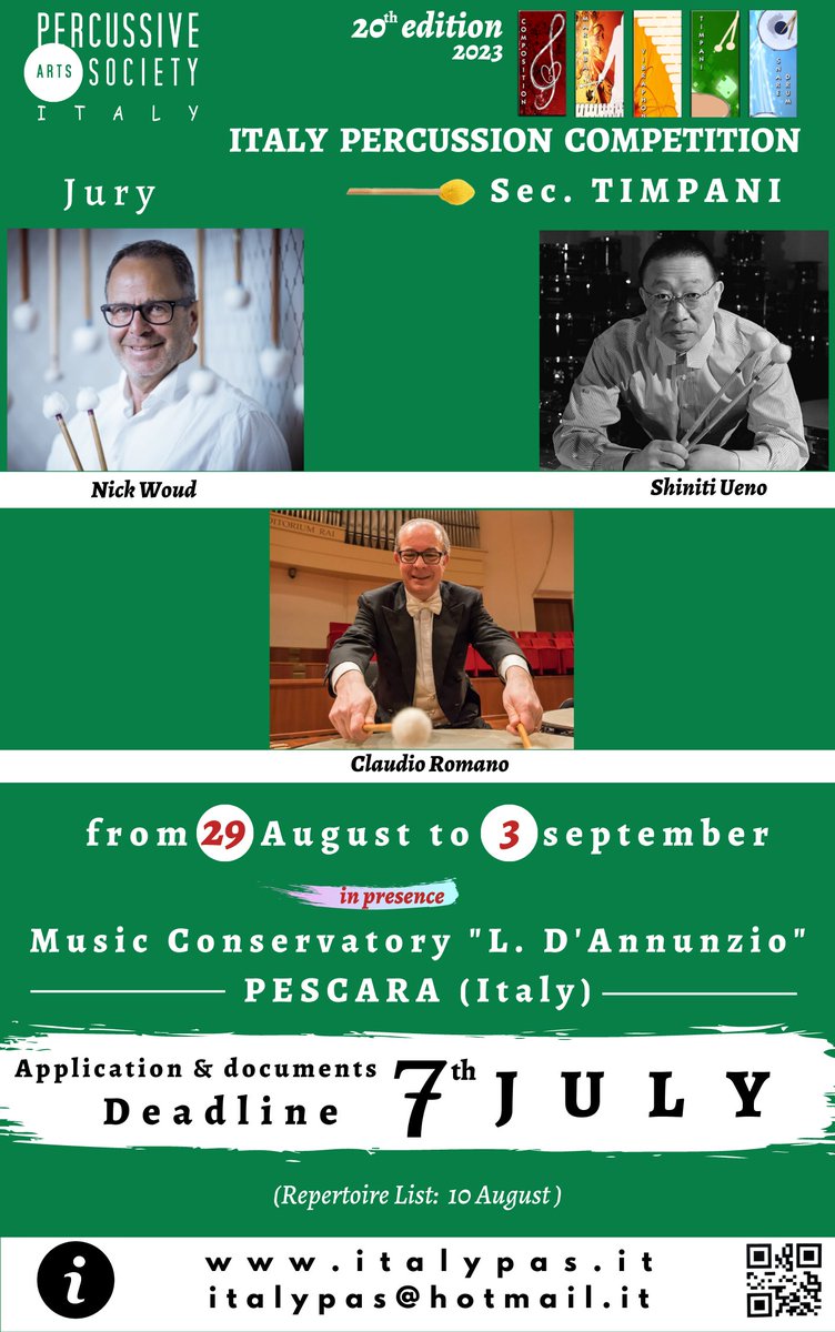 ItalyPAS - TIMPANI Competition

I am happy to announce the TIMPANI jury with Nick Woud - Shiniti Ueno – Claudio Romano.
•Registrations open; 
•Application deadline &amp; documents : 7th July 
• Info: Rules, Repertoire, Prizes, ... italypas.it