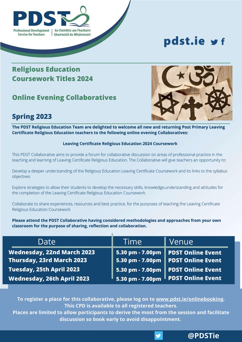 The PDST RE Team are delighted to welcome all Post Primary Leaving Certificate RE teachers to our online Religious Education LC Coursework 2024 Collaboratives.
Details below 👇