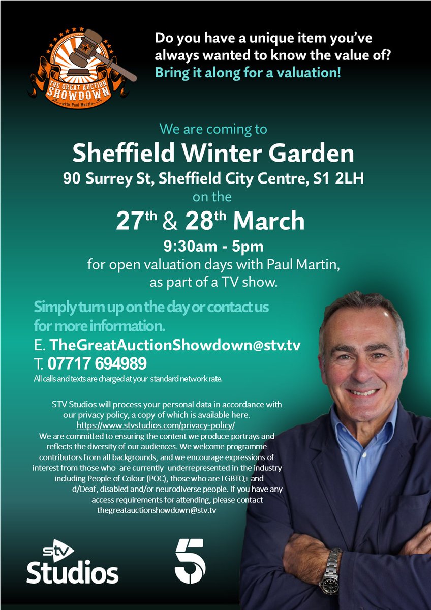 Our next open valuations will be at Sheffield Winter Garden on the 27th & 28th March from 9:30am - 5pm. Simply turn up on the day or get in touch with the team at TheGreatAuctionShowdown@stv.tv or call or text us on 07717 694989 for more information.
