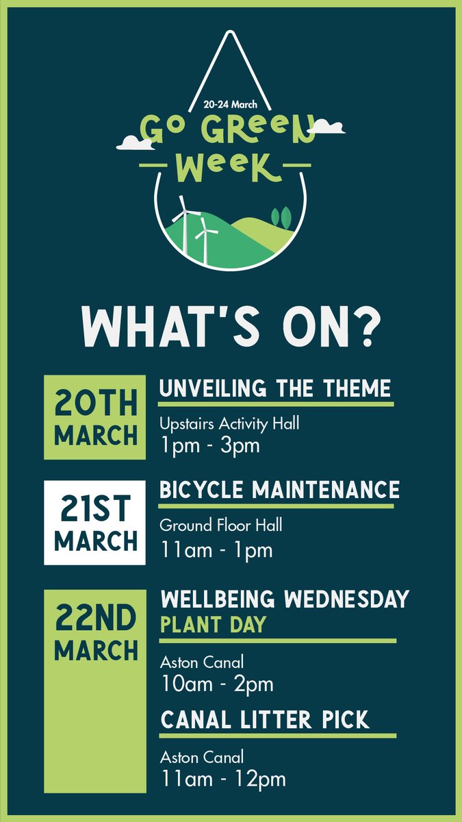 AstonUniversity's tweet photo. 🌱 This week is Go Green Week and we have organised an exciting programme of events!

The graphic below provides a breakdown of the activities which will be taking place👇 https://t.co/jbzfSW79VL