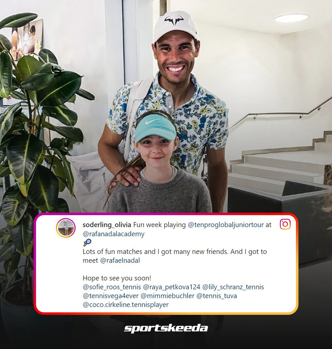 SK__Tennis's tweet photo. In 2009 Robin Soderling ended Rafael Nadal's winning streak at French Open 👏

In 2023, his 10-year-old daughter poses with Rafael Nadal at Rafael Nadal Academy 😍

#RafaelNadal #RobinSoderling #Tennis https://t.co/5T5evlY1NK