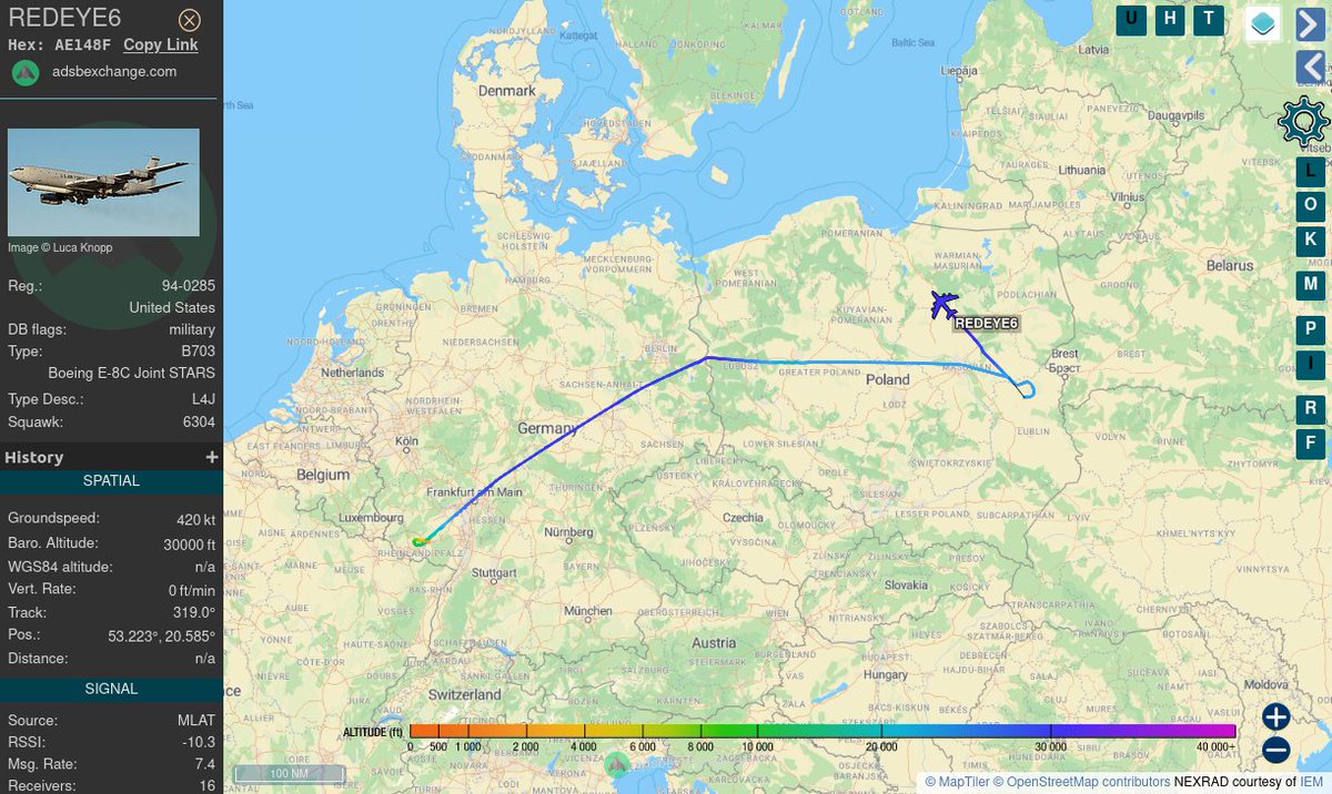 TheIntelFrog's tweet photo. USAF E-8C Joint STARS #AE148F as REDEYE6 coming on station over eastern Poland taking a good look at Belarus and Kaliningrad.  

In the FY24 budget, the USAF has proposed retiring the remaining E-8Cs in the fleet.  After FY23, there will only be 4 left. https://t.co/z8cE0qwAiY