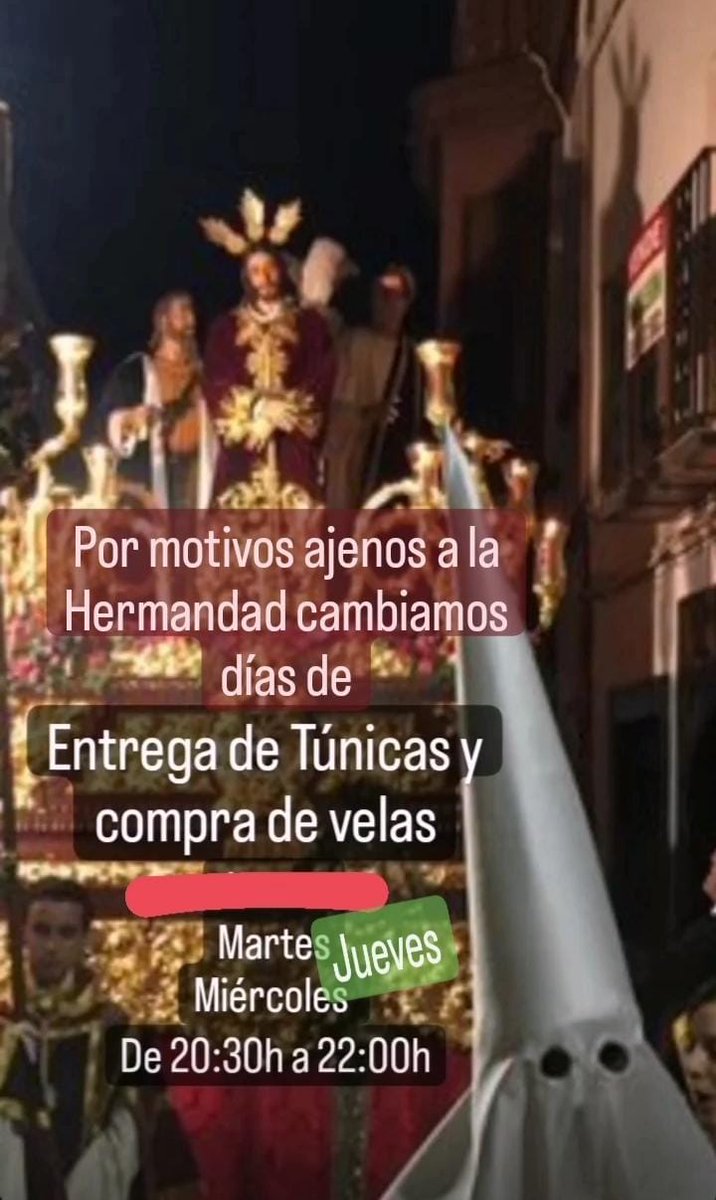 HumildadMontoro's tweet photo. Además recordamos que:

- MARTES, MIÉRCOLES Y JUEVES en nuestra Casa Hermandad se procederá al reparto de TÚNICAS y compra de Velas para nuestros hermanos de luz y Mantillas. La franja horaria será de 20:30h a 22:00h. https://t.co/uH04GngRU1