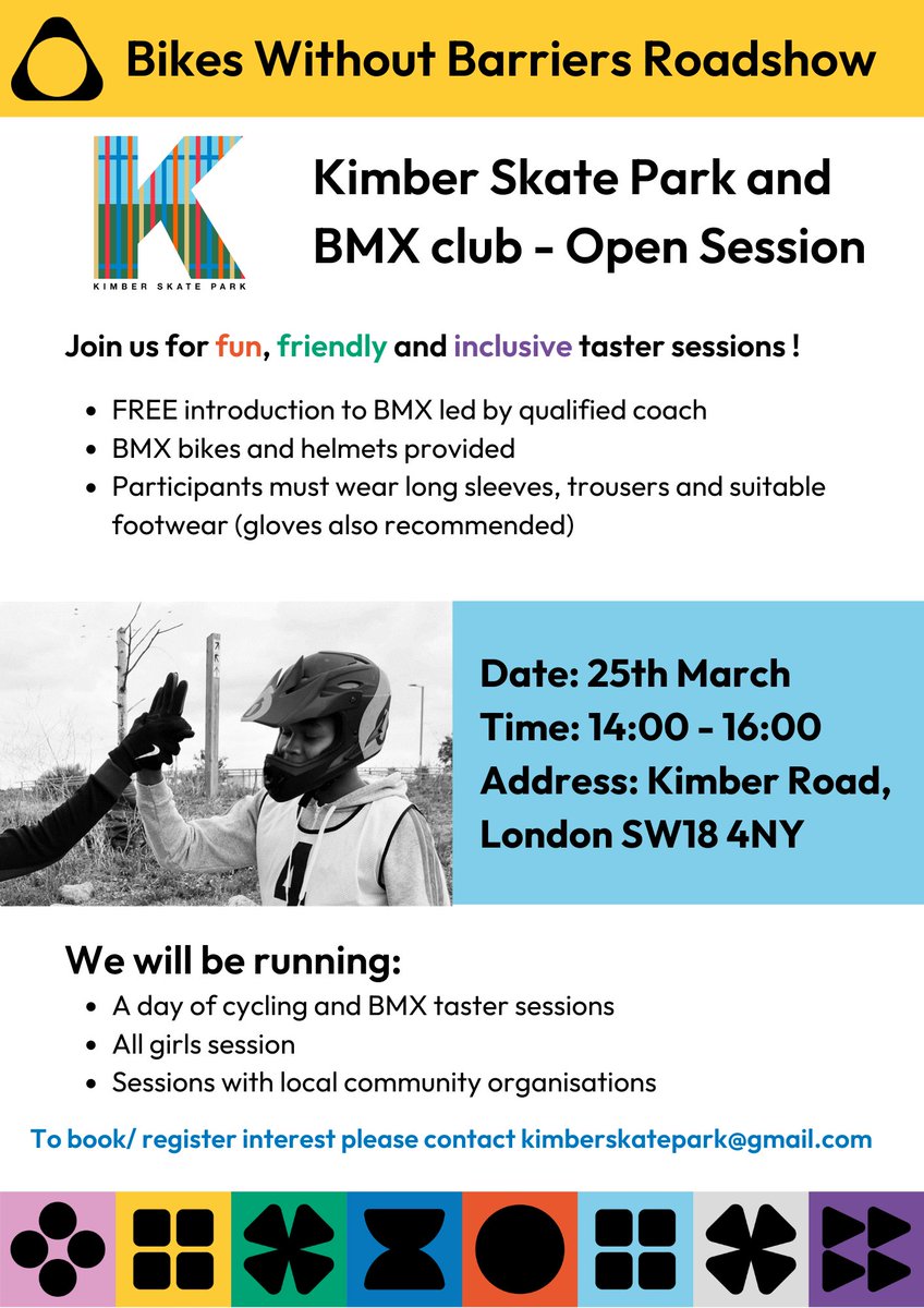 Event this weekend!

Working in collaboration with <a href="/AccessSport/">Access Sport</a> we are running some free BMX taster sessions.

Coaches will be on hand to support, bikes and helmets will be provided. 

Contact kimberskatepark@gmail.com

Please RT and share <a href="/wandbc/">Wandsworth Council</a> @JoRigby_Balham <a href="/EnableActive/">Enable Active</a>