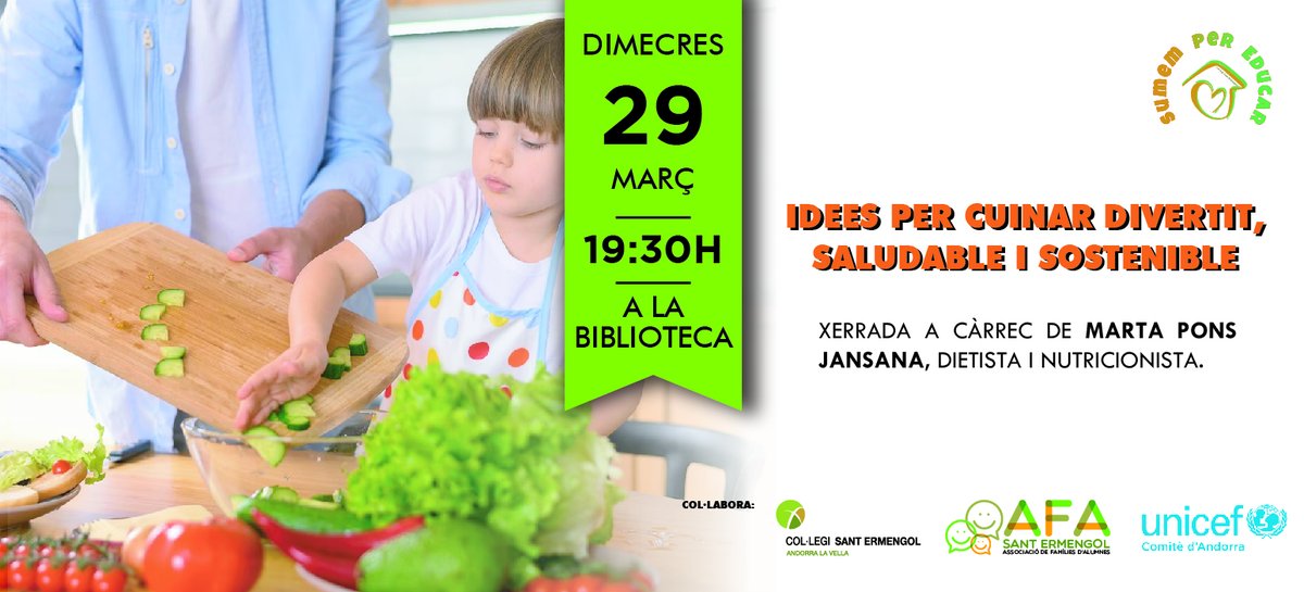 #AgendaSE | 🗓️ Dimecres 29 de març

L'equip de Sumem per Educar del col·legi <a href="/SantErmengol/">Sant Ermengol</a> us convida a la trobada "Idees per cuinar divertit, saludable i sostenible" amb la dietista i nutricionista, Marta Pons.