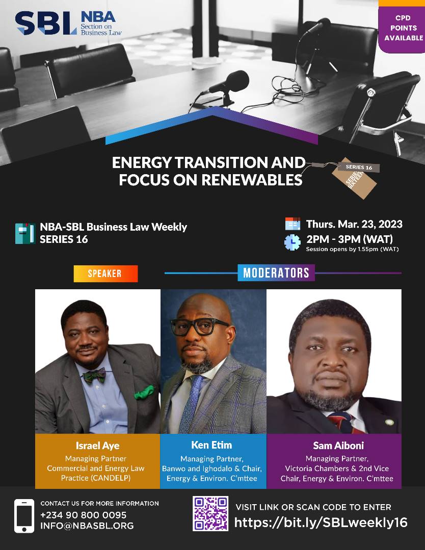 The 16th ed. of our business law weekly series is now open for registration.

🔖 Energy Transition and Focus on Renewables
🗓️ Thurs. Mar. 23, 2023
🕑 2PM
Visit 👉🏽 nbasbl.org to join.

 Don't miss it.

#NBASBL2023 #NBASBL #SBLBLW #NaturalResources #Renewables #Energy