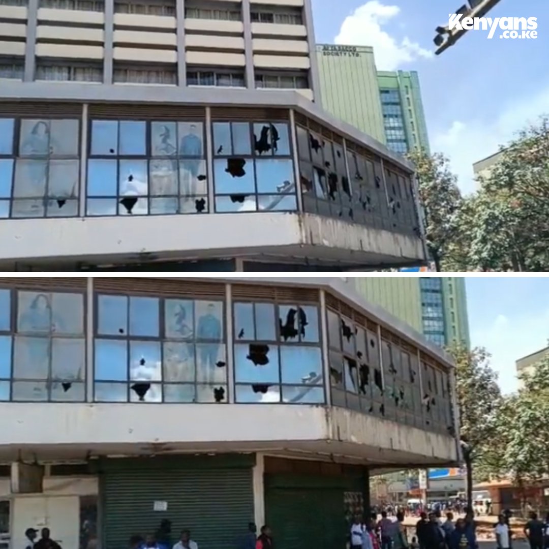 Protesters break windows of a building in Nairobi CBD
