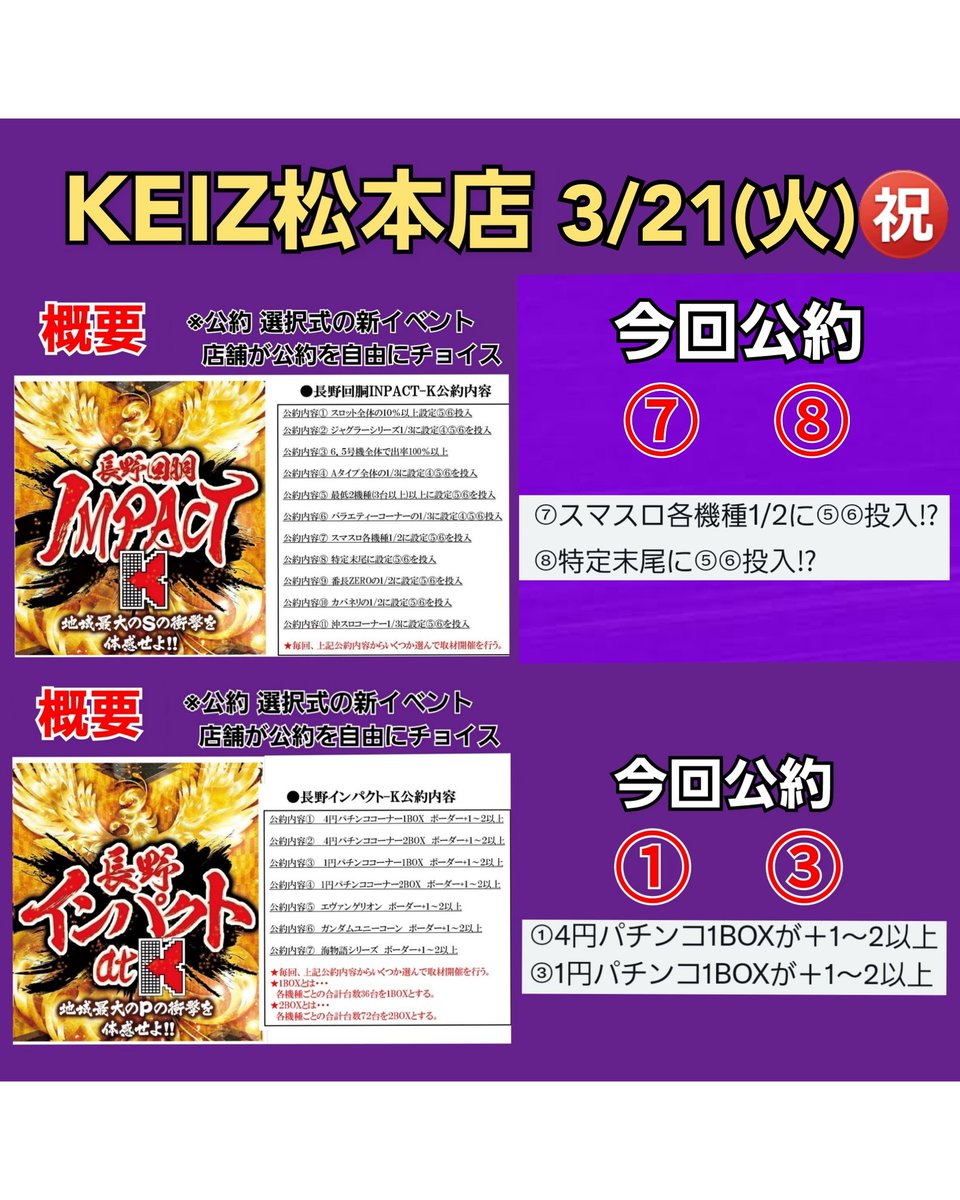 オプチャ速報🆕
3/21(火)㊗️
抽選人数🚶♂️🚶♀️
ニューアサヒ長野青木島店🍎
#連れタグ
約194名✨
ニューアサヒ茅野店🍎
バトスロBINGO🌈
約110名✨
ニューアサヒ上田店🍎
バトスロBINGO🌈
約200名✨
KEIZ松本店🍎
長野回胴IMPACT💥
約180名✨
キング塩尻店🍎
1の日⭐
約280名✨
マルハン松本店🍎…