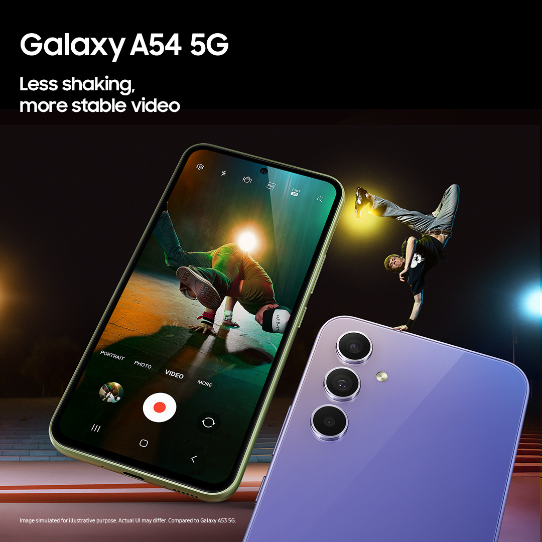 Samsung_Ghana's tweet photo. Experience #GalaxyA54 5G's Awesome videos with #VDIS, a wider #OIS angle, #Autoframing and #Autofocus. https://t.co/vzpFUW3dcr