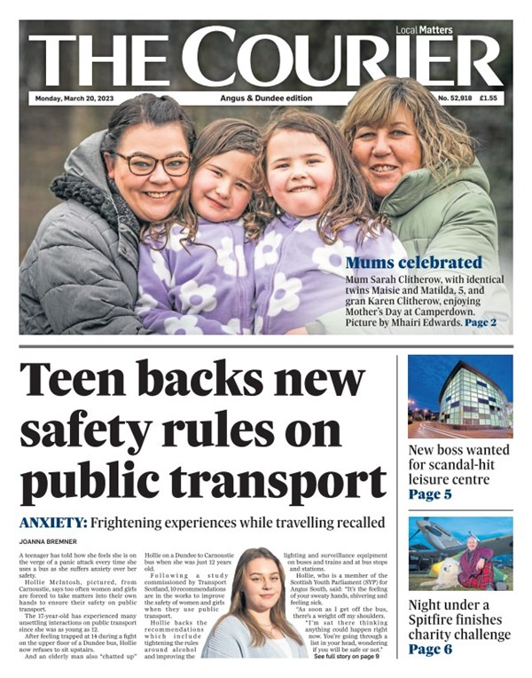thecourieruk's tweet photo. Good morning from The Courier.

Today's Angus and Dundee edition leads with a local teen's reaction to plans to improve women's safety on public transport: https://t.co/zQjAZZKlMq

There's also #MothersDay fun, plus the latest on the Olympia: https://t.co/EpKybzA0dV 

#buyapaper https://t.co/LaWDnHzgER