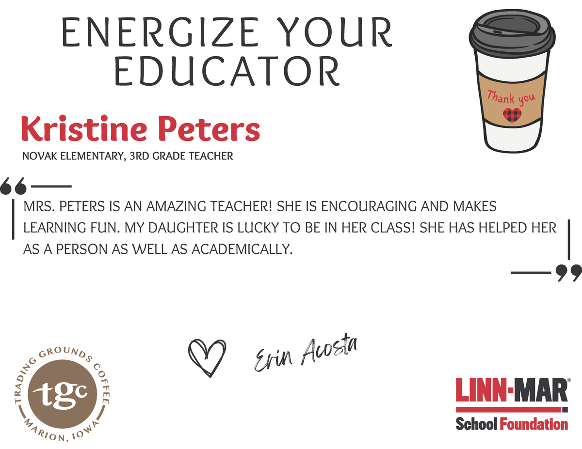 ENERGIZE YOUR EDUCATOR ☕ Congratulations, and thank you❤️🖤

Kristine Peters - Novak Elementary - Teacher

Sponsored by Trading Grounds