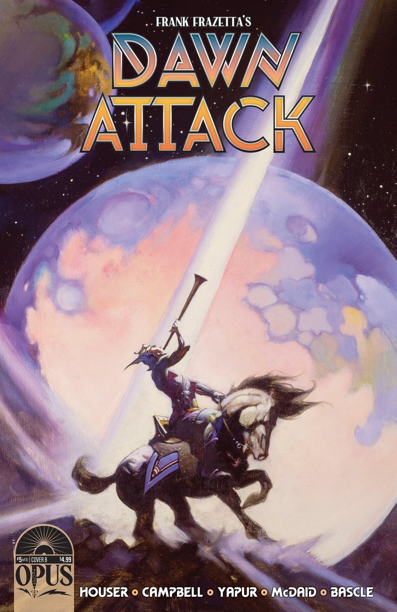 OpusPublishing's tweet photo. In stores this May, Frank Frazetta's #DAWNATTACK issue #5! Cover B) artwork by #FrankFrazetta, himself 👁️Check in with your local comic shop and be sure they're ordering the series 🤘@frazettagirls https://t.co/u5WzkWNQrB