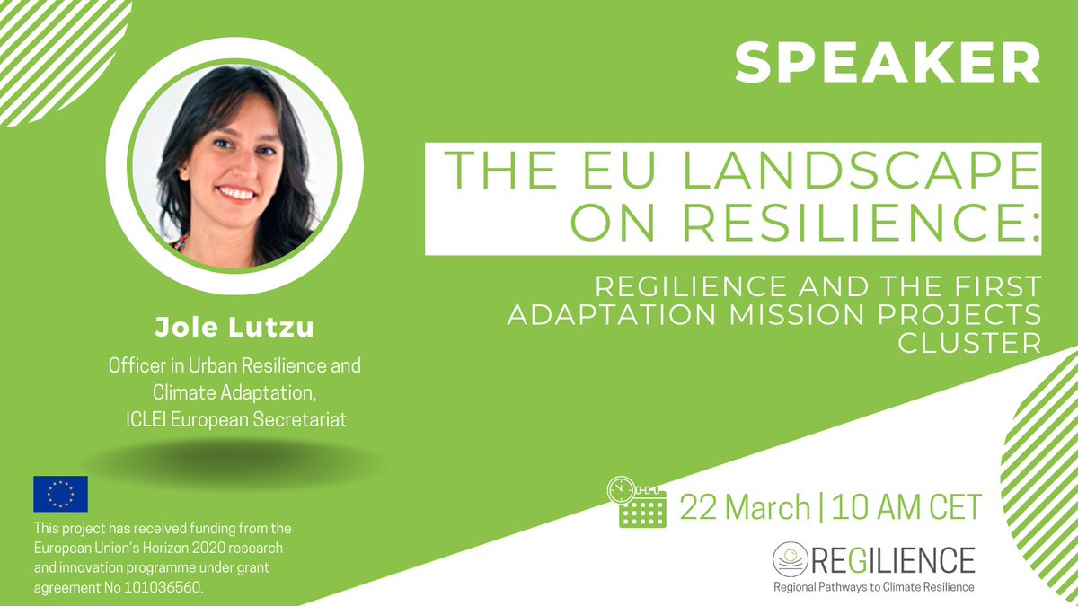 Tune in on 🗓️ 22 March for the first  @regilience Open Training session, where @jole_lutzu, Officer in #UrbanResilience and #ClimateAdaptation at @ICLEI_Europe will present REGILIENCE and the first Adaptation Mission projects cluster.

Register 👉 bit.ly/41AMdDX