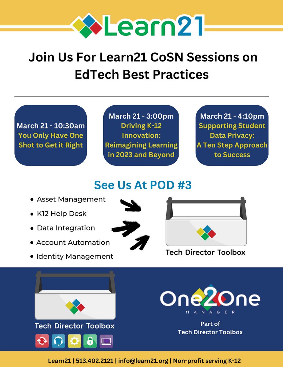 #CoSN2023 Superb CTO sessions on March 21st! You Only Have One Shot to Get it Right, Driving K-12 Innovation: Reimagining Learning in 2023 and Beyond, Student Data Privacy @JenFry1 @leadlaughlearn @dawn_schiavone @StacyHaw @EdTech_Huch @WilliamDFritz Visit POD #3 @Learn21Team