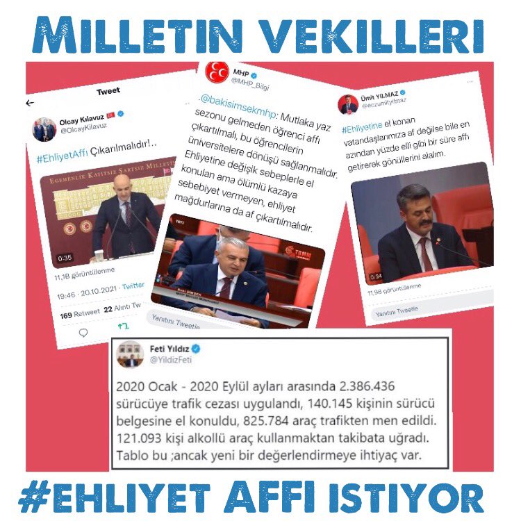 Sevgili #EhliyetAffı baş komutanları vekillerim
Sanki ehliyetlerimizi almışsınız gibi bizleri yarıyolda terkettiniz onca emekler verildi boşamı gitsin  şu olayı tebessümle teşekkür ile sonlandıralımm
<a href="/bakisimsekmhp/">Baki Şimşek</a>
<a href="/OlcayKilavuz/">Olcay Kılavuz 🇹🇷</a>
<a href="/avukatayhanerel/">Ayhan EREL</a>
<a href="/fethigurer/">Ömer Fethi Gürer</a>
EhliyetYoksa OyDaYok