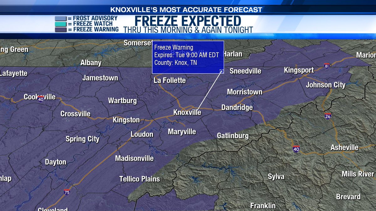 wateweather's tweet image. A Freeze Warning continues this morning for much of East Tennessee. Widespread frost is expected as you begin your Monday! Another Freeze Warning will get issued late tonight and extend through Tuesday morning as lows tumble back into the 20s tonight. #TNwx #WATEwx