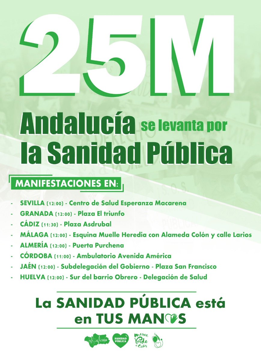 iuandalucia's tweet photo. 🤍 El próximo sábado Andalucía se levanta por su sanidad pública.

📢 ¡Que llegue a todos los rincones de Andalucía!

#25MLaSaludNoSeVende https://t.co/RSOPF4LXSl