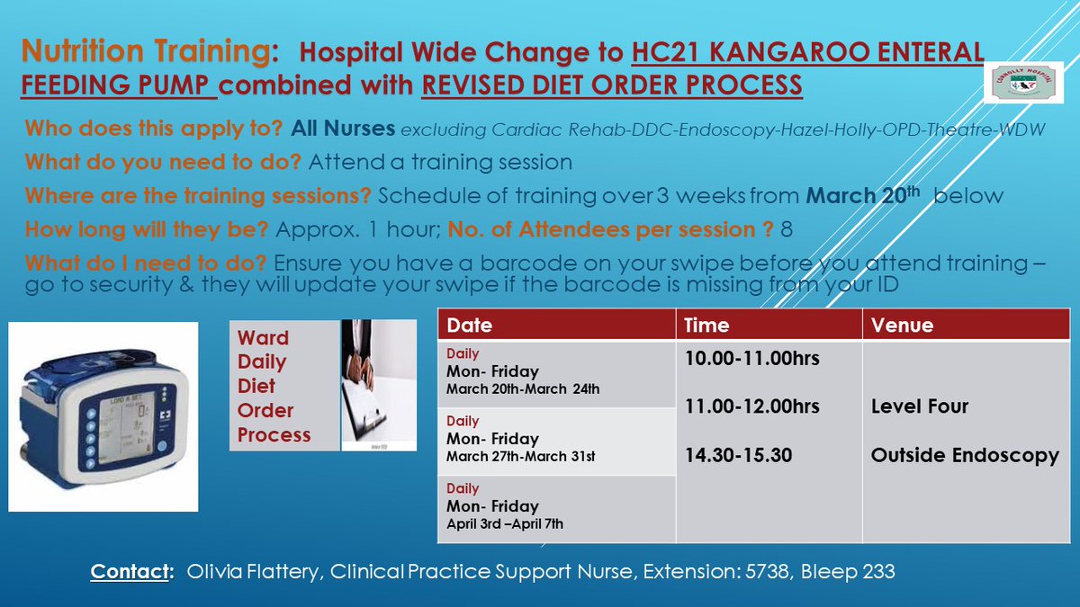 NPQD leading out on the coordination of the revised Ward Daily Diet Order Form in conjunction with the introduction of HC21 Kangaroo Feeding Pump. Training sessions in progress #NutritionandHydration #Revisedprocesses #Practice @ConnollyNursing @21Healthcare @Magnet4Europe