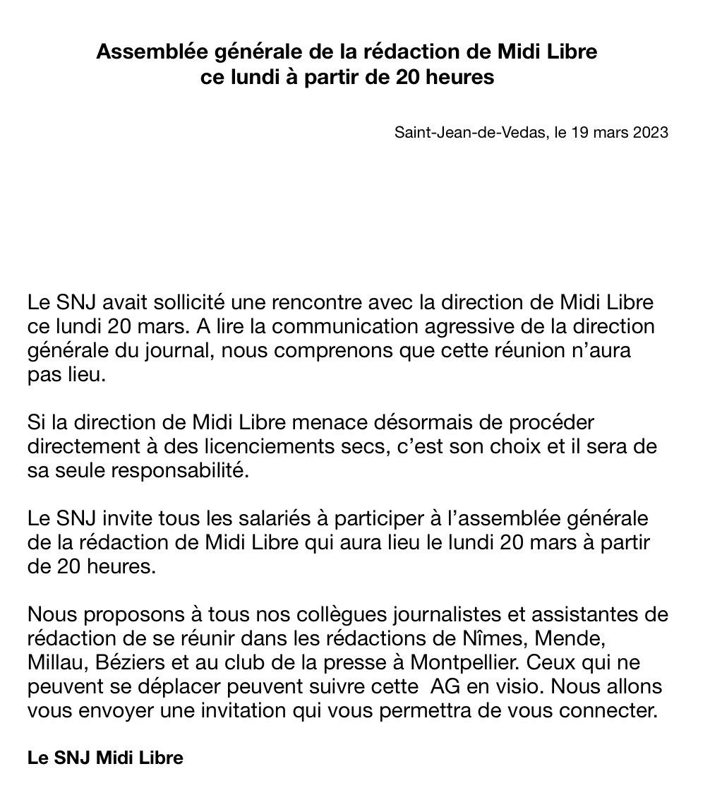 ‼️ 45 suppressions de postes à #Midilibre dont 1/5 de ses journalistes et la moitié de ses secrétaires : Assemblée Générale de la Rédaction <a href="/Midilibre/">Midi Libre</a> ce lundi 20 mars à 20h au Club de la Presse à #Montpellier <a href="/clubdelapresse/">Club de la presse Occitanie</a> place du nombre d’Or <a href="/SNJlanguedocR/">SNJ Languedoc-Roussillon</a> ‼️