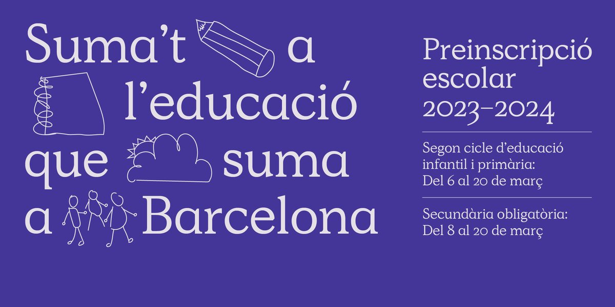 🎒Preinscripció escolar 2023-24

👨‍👨‍👧‍👧Atenció Famílies 
📢Recordeu que avui és l'últim dia per tramitar la sol·licitud de plaça per a educació infantil, primària i secundària obligatòria!

👉🏾👉🏾Si teniu dubtes, consulteu el web preinscripcio.gencat.cat

A #BCN #sumataleducacioquesuma