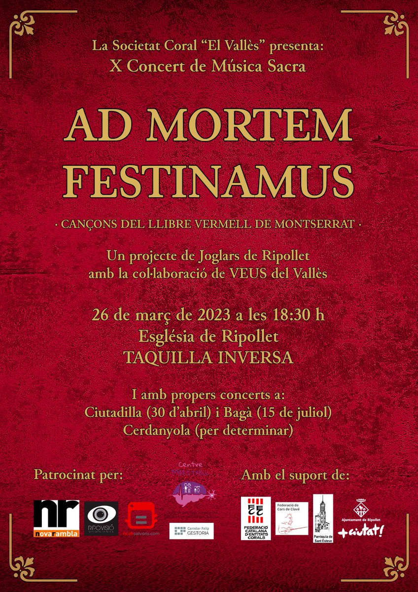 Diumenge 26/03/2023 18:30 h a l'església de Ripollet 👌🏼