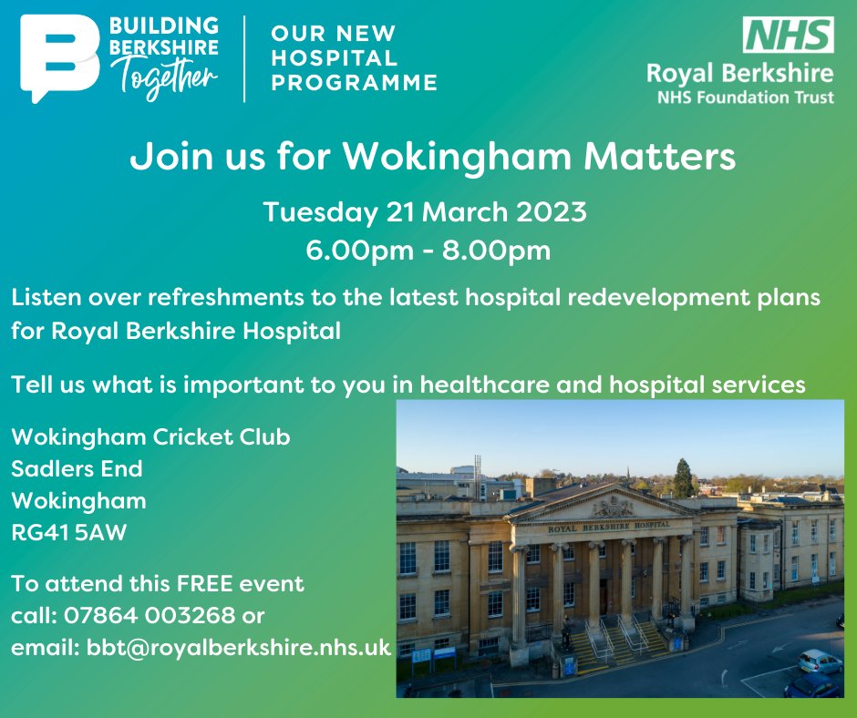 HW_Wokingham's tweet image. #CommunityConversation: 
@BuildingRBH #WokinghamMatters : 21st March 2023, 6.00-8.00pm at Wokingham Cricket Club  
@WokinghamCrick. Join and #HaveYourSay about the new hospital development. #YourVoiceMatters @WokinghamBC @WokinghamToday @WokinghamLVS @HomeStartWD @involveVCS RT
